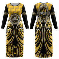 Aotearoa Ngati Whatua Personalised Family Matching Long Sleeve Bodycon Dress and Hawaiian Shirt Maori Iwi Poutama Puhoro Tattoo LT14 Mom's Dress Yellow - Polynesian Pride