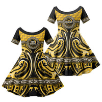 Aotearoa Ngati Whatua Personalised Family Matching Long Sleeve Bodycon Dress and Hawaiian Shirt Maori Iwi Poutama Puhoro Tattoo LT14 Daughter's Dress Yellow - Polynesian Pride