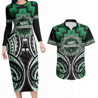 Aotearoa Ngati Maniapoto Personalised Couples Matching Long Sleeve Bodycon Dress and Hawaiian Shirt Maori Iwi Poutama Puhoro Tattoo LT14 Green - Polynesian Pride