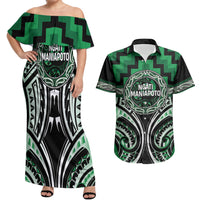 Aotearoa Ngati Maniapoto Personalised Couples Matching Off Shoulder Maxi Dress and Hawaiian Shirt Maori Iwi Poutama Puhoro Tattoo LT14 Green - Polynesian Pride