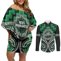 Aotearoa Ngati Maniapoto Personalised Couples Matching Off Shoulder Short Dress and Long Sleeve Button Shirt Maori Iwi Poutama Puhoro Tattoo LT14 Green - Polynesian Pride