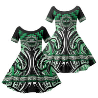 Aotearoa Ngati Maniapoto Personalised Family Matching Long Sleeve Bodycon Dress and Hawaiian Shirt Maori Iwi Poutama Puhoro Tattoo LT14 Daughter's Dress Green - Polynesian Pride