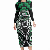 Aotearoa Ngati Maniapoto Personalised Long Sleeve Bodycon Dress Maori Iwi Poutama Puhoro Tattoo LT14 Long Dress Green - Polynesian Pride