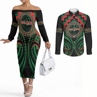 Aotearoa Ngai Tuhoe Personalised Couples Matching Off The Shoulder Long Sleeve Dress and Long Sleeve Button Shirt Maori Iwi Poutama Puhoro Tattoo LT14 Green - Polynesian Pride
