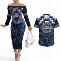Aotearoa Ngati Tuwharetoa Personalised Couples Matching Off The Shoulder Long Sleeve Dress and Hawaiian Shirt Maori Iwi Poutama Puhoro Tattoo LT14 Blue - Polynesian Pride