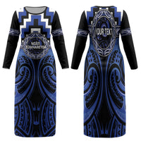 Aotearoa Ngati Tuwharetoa Personalised Family Matching Long Sleeve Bodycon Dress and Hawaiian Shirt Maori Iwi Poutama Puhoro Tattoo LT14 Mom's Dress Blue - Polynesian Pride