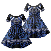 Aotearoa Ngati Tuwharetoa Personalised Family Matching Short Sleeve Bodycon Dress and Hawaiian Shirt Maori Iwi Poutama Puhoro Tattoo LT14 Daughter's Dress Blue - Polynesian Pride