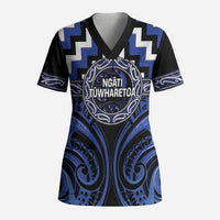 Aotearoa Ngati Tuwharetoa Personalised Scrub Top Maori Iwi Poutama Puhoro Tattoo LT14 Adult Blue - Polynesian Pride