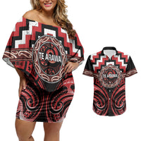 Aotearoa Te Arawa Personalised Couples Matching Off Shoulder Short Dress and Hawaiian Shirt Maori Iwi Poutama Puhoro Tattoo LT14 Red - Polynesian Pride