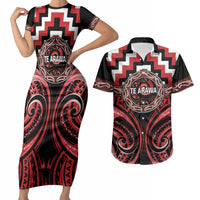 Aotearoa Te Arawa Personalised Couples Matching Short Sleeve Bodycon Dress and Hawaiian Shirt Maori Iwi Poutama Puhoro Tattoo LT14 Red - Polynesian Pride