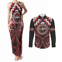 Aotearoa Te Arawa Personalised Couples Matching Tank Maxi Dress and Long Sleeve Button Shirt Maori Iwi Poutama Puhoro Tattoo LT14 Red - Polynesian Pride