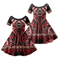 Aotearoa Te Arawa Personalised Family Matching Off The Shoulder Long Sleeve Dress and Hawaiian Shirt Maori Iwi Poutama Puhoro Tattoo LT14 Daughter's Dress Red - Polynesian Pride