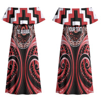 Aotearoa Te Arawa Personalised Family Matching Off Shoulder Maxi Dress and Hawaiian Shirt Maori Iwi Poutama Puhoro Tattoo LT14 Mom's Dress Red - Polynesian Pride