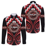 Aotearoa Te Arawa Personalised Family Matching Tank Maxi Dress and Hawaiian Shirt Maori Iwi Poutama Puhoro Tattoo LT14 Dad's Shirt - Long Sleeve Red - Polynesian Pride