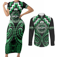 Aotearoa Ngai Tahu Personalised Couples Matching Short Sleeve Bodycon Dress and Long Sleeve Button Shirt Maori Iwi Poutama Puhoro Tattoo LT14 Green - Polynesian Pride