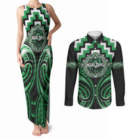 Aotearoa Ngai Tahu Personalised Couples Matching Tank Maxi Dress and Long Sleeve Button Shirt Maori Iwi Poutama Puhoro Tattoo LT14 Green - Polynesian Pride