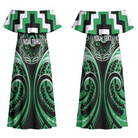 Aotearoa Ngai Tahu Personalised Family Matching Off Shoulder Maxi Dress and Hawaiian Shirt Maori Iwi Poutama Puhoro Tattoo LT14 Mom's Dress Green - Polynesian Pride
