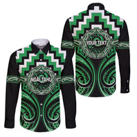 Aotearoa Ngai Tahu Personalised Family Matching Summer Maxi Dress and Hawaiian Shirt Maori Iwi Poutama Puhoro Tattoo LT14 Dad's Shirt - Long Sleeve Green - Polynesian Pride