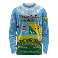 Personalised Malampa Fiji Day Long Sleeve Shirt 10 October Fijian Tapa Flag Style LT14 Unisex Blue - Polynesian Pride