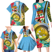 Vanuatu Malampa Fiji Day Family Matching Long Sleeve Bodycon Dress and Hawaiian Shirt Happy 10 October With Maps Tropical Flowers