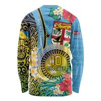 Vanuatu Malampa Fiji Day Long Sleeve Shirt Happy 10 October With Maps Tropical Flowers LT14 - Polynesian Pride
