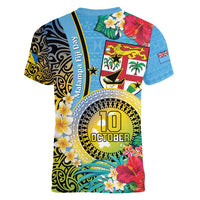 Vanuatu Malampa Fiji Day Women V-Neck T-Shirt Happy 10 October With Maps Tropical Flowers
