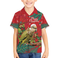 Personalised New Zealand Kakapo Christmas Family Matching Off Shoulder Short Dress and Hawaiian Shirt Meri Kirihimete Silver Fern Mix Pohutukawa LT14 Son's Shirt Red - Polynesian Pride