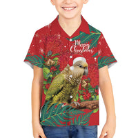 Personalised New Zealand Kakapo Christmas Family Matching Puletasi and Hawaiian Shirt Meri Kirihimete Silver Fern Mix Pohutukawa LT14 Son's Shirt Red - Polynesian Pride