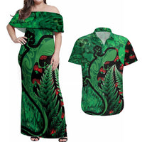 New Zealand Gecko Christmas Couples Matching Off Shoulder Maxi Dress and Hawaiian Shirt Meri Kirihimete Paua Shell Mix Pohutukawa LT14 Green - Polynesian Pride