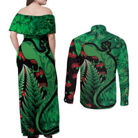 New Zealand Gecko Christmas Couples Matching Off Shoulder Maxi Dress and Long Sleeve Button Shirt Meri Kirihimete Paua Shell Mix Pohutukawa