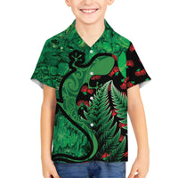 New Zealand Gecko Christmas Family Matching Off Shoulder Short Dress and Hawaiian Shirt Meri Kirihimete Paua Shell Mix Pohutukawa LT14 Son's Shirt Green - Polynesian Pride