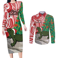 Personalised New Zealand Tuatara Christmas Couples Matching Long Sleeve Bodycon Dress and Long Sleeve Button Shirt Meri Kirihimete Aotearoa Maori Mix Pohutukawa