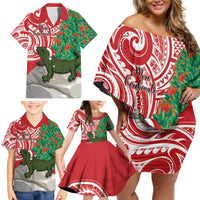 Personalised New Zealand Tuatara Christmas Family Matching Off Shoulder Short Dress and Hawaiian Shirt Meri Kirihimete Aotearoa Maori Mix Pohutukawa LT14 - Polynesian Pride