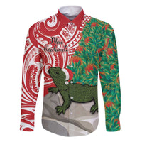 Personalised New Zealand Tuatara Christmas Family Matching Off Shoulder Short Dress and Hawaiian Shirt Meri Kirihimete Aotearoa Maori Mix Pohutukawa LT14 Dad's Shirt - Long Sleeve Red - Polynesian Pride