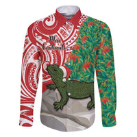 Personalised New Zealand Tuatara Christmas Family Matching Puletasi and Hawaiian Shirt Meri Kirihimete Aotearoa Maori Mix Pohutukawa LT14 Dad's Shirt - Long Sleeve Red - Polynesian Pride