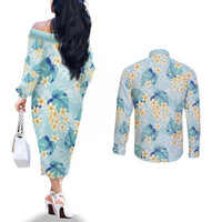 Pastel Cyan Tropical Hawaii Couples Matching Off The Shoulder Long Sleeve Dress and Long Sleeve Button Shirt Seamless Monstera Plumeria Hawaiian Pattern - Polynesian Pride