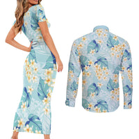 Pastel Cyan Tropical Hawaii Couples Matching Short Sleeve Bodycon Dress and Long Sleeve Button Shirt Seamless Monstera Plumeria Hawaiian Pattern - Polynesian Pride