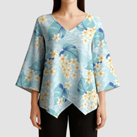 Pastel Cyan Tropical Hawaii Kimono Sleeve Blouse Seamless Monstera Plumeria Hawaiian Pattern - Polynesian Pride