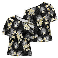 Black Tropical Hawaii Cross Shoulder Shirt Seamless Monstera Plumeria Hawaiian Pattern LT14 - Polynesian Pride