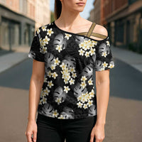 Black Tropical Hawaii Cross Shoulder Shirt Seamless Monstera Plumeria Hawaiian Pattern LT14 - Polynesian Pride