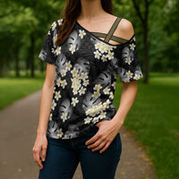 Black Tropical Hawaii Cross Shoulder Shirt Seamless Monstera Plumeria Hawaiian Pattern LT14 - Polynesian Pride