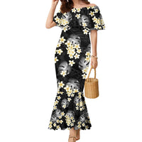 Black Tropical Hawaii Family Matching Mermaid Dress and Hawaiian Shirt Seamless Monstera Plumeria Hawaiian Pattern - Polynesian Pride