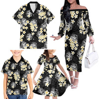 Black Tropical Hawaii Family Matching Off The Shoulder Long Sleeve Dress and Hawaiian Shirt Seamless Monstera Plumeria Hawaiian Pattern - Polynesian Pride