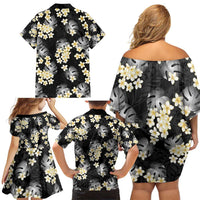 Black Tropical Hawaii Family Matching Off Shoulder Short Dress and Hawaiian Shirt Seamless Monstera Plumeria Hawaiian Pattern - Polynesian Pride