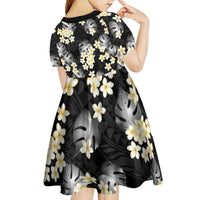 Black Tropical Hawaii Kid Short Sleeve Dress Seamless Monstera Plumeria Hawaiian Pattern - Polynesian Pride