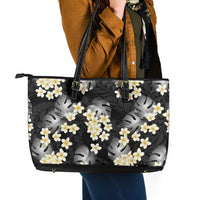 Black Tropical Hawaii Leather Tote Bag Seamless Monstera Plumeria Hawaiian Pattern LT14 - Polynesian Pride