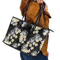 Black Tropical Hawaii Leather Tote Bag Seamless Monstera Plumeria Hawaiian Pattern LT14 - Polynesian Pride