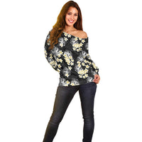 Black Tropical Hawaii Off Shoulder Sweater Seamless Monstera Plumeria Hawaiian Pattern LT14 - Polynesian Pride