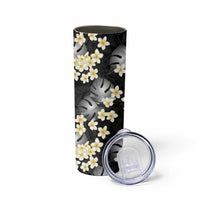 Black Tropical Hawaii Skinny Tumbler Seamless Monstera Plumeria Hawaiian Pattern - Polynesian Pride