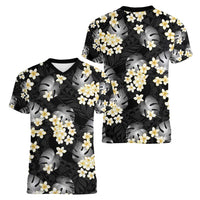 Black Tropical Hawaii Women V-Neck T-Shirt Seamless Monstera Plumeria Hawaiian Pattern - Polynesian Pride